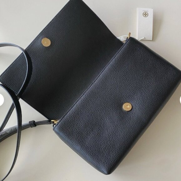 NWT！NEW！Tory Burch Blake Flap Pebbled Leather Crossbody Large Black -Women Bag - Picture 6 of 10